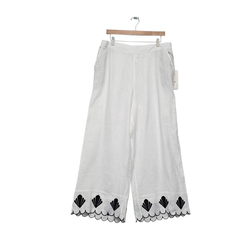 Calypso St Barth Womens White Linen Wide Leg Scalloped Shell Pants XL‎